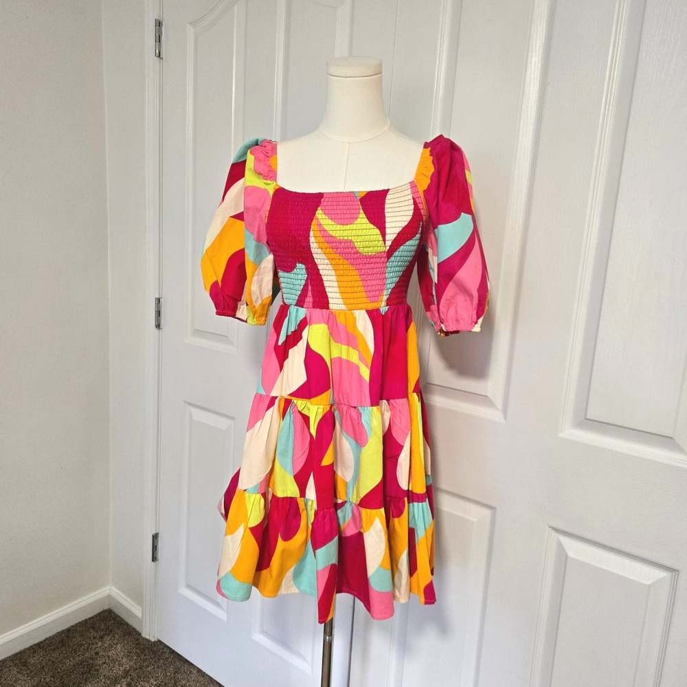 Flying Tomato Tiered Mini Dress Womens Medium Multicolor Abstract Puff Sleeve M